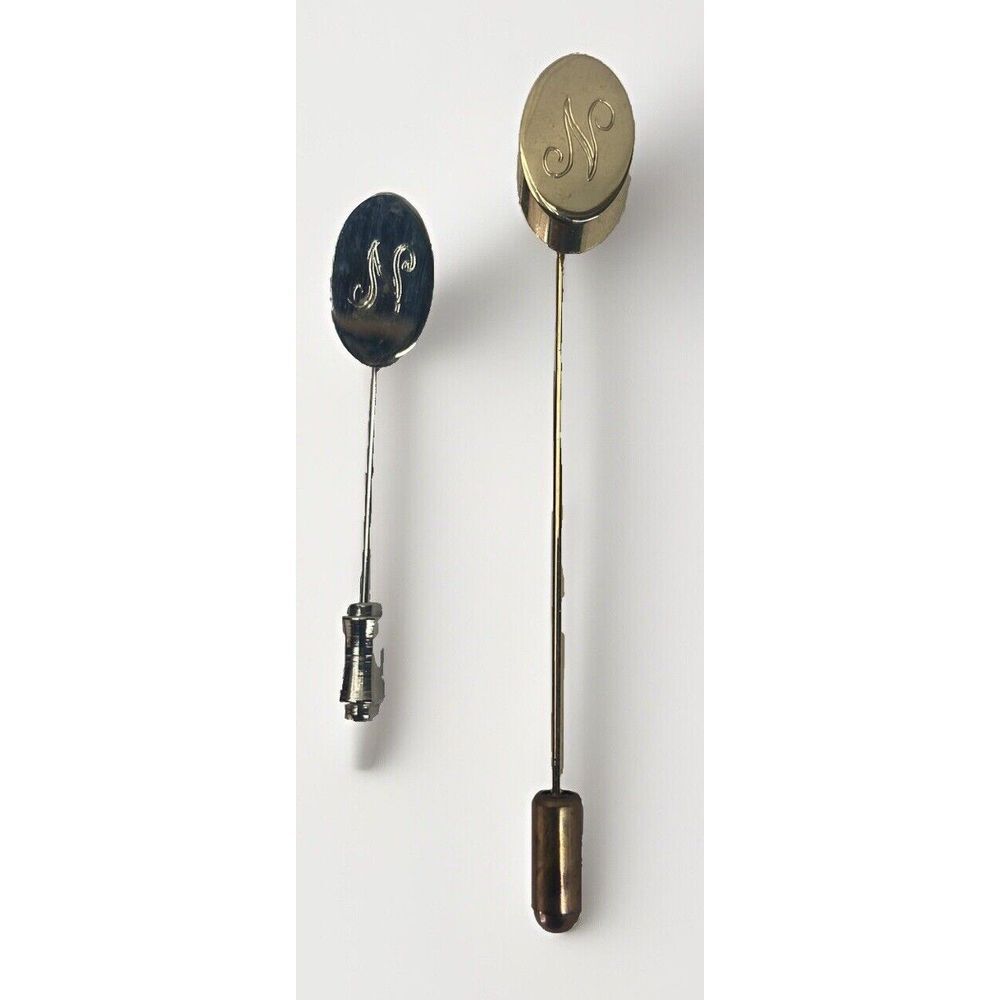 Vintage Initial Letter N Monogram Silver And Gold Tone Oval Stick Tie Pin‎